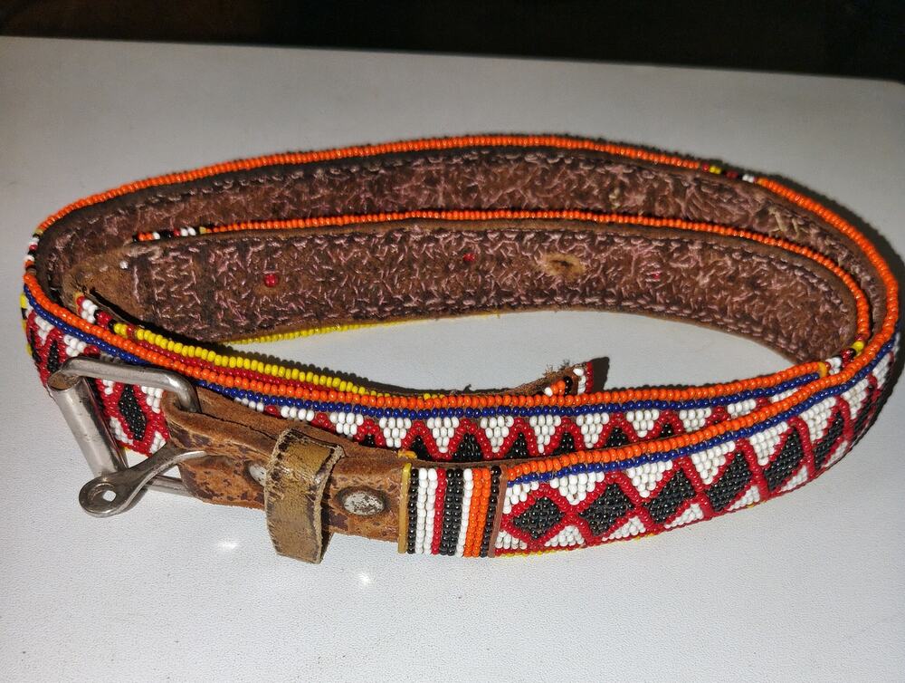 Vintage 70s beaded tribal leather belt